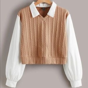 Contrast collar cable knit 2 in 1 blouse